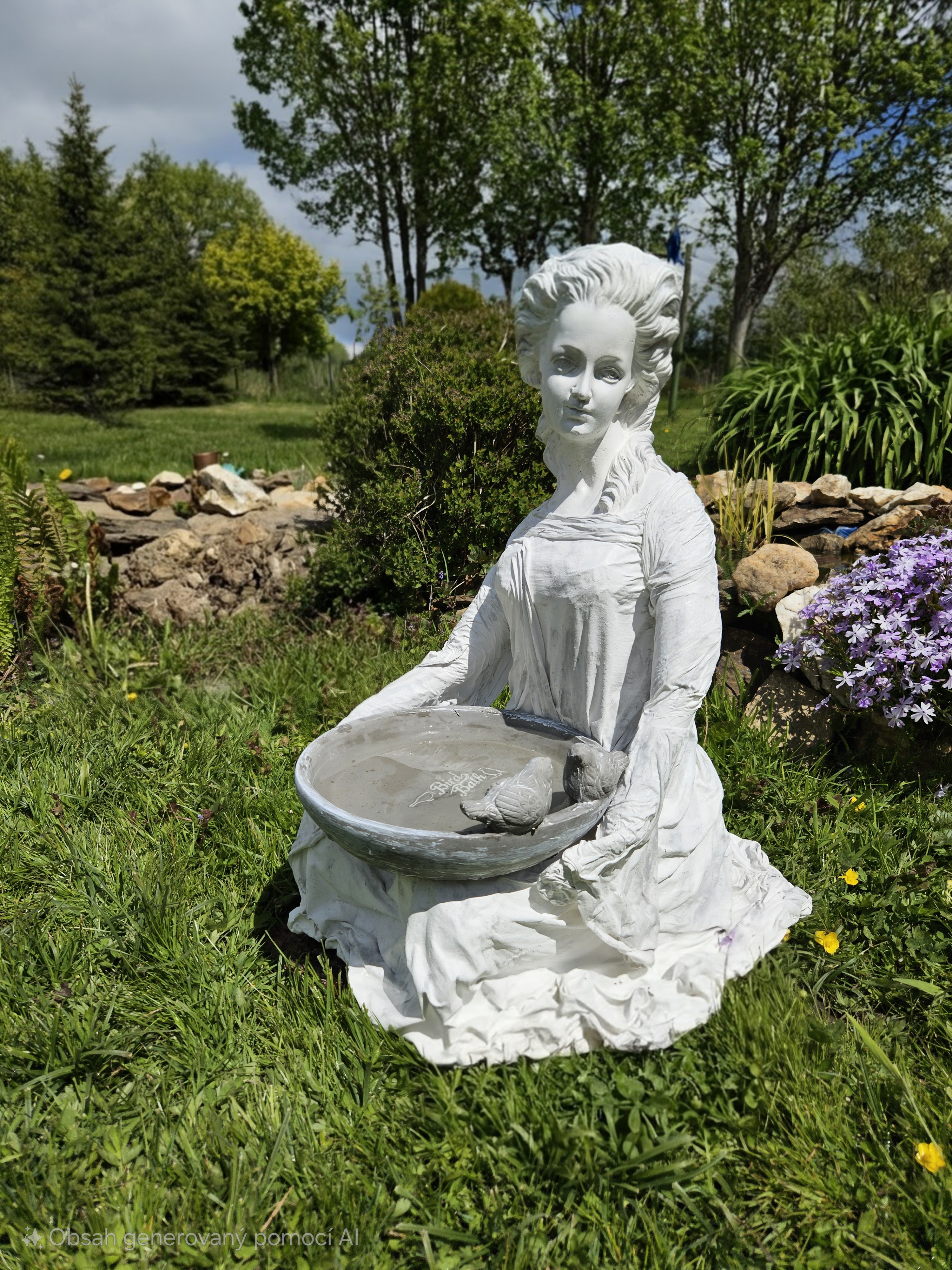 Socha ženy s pítkem pro ptáky