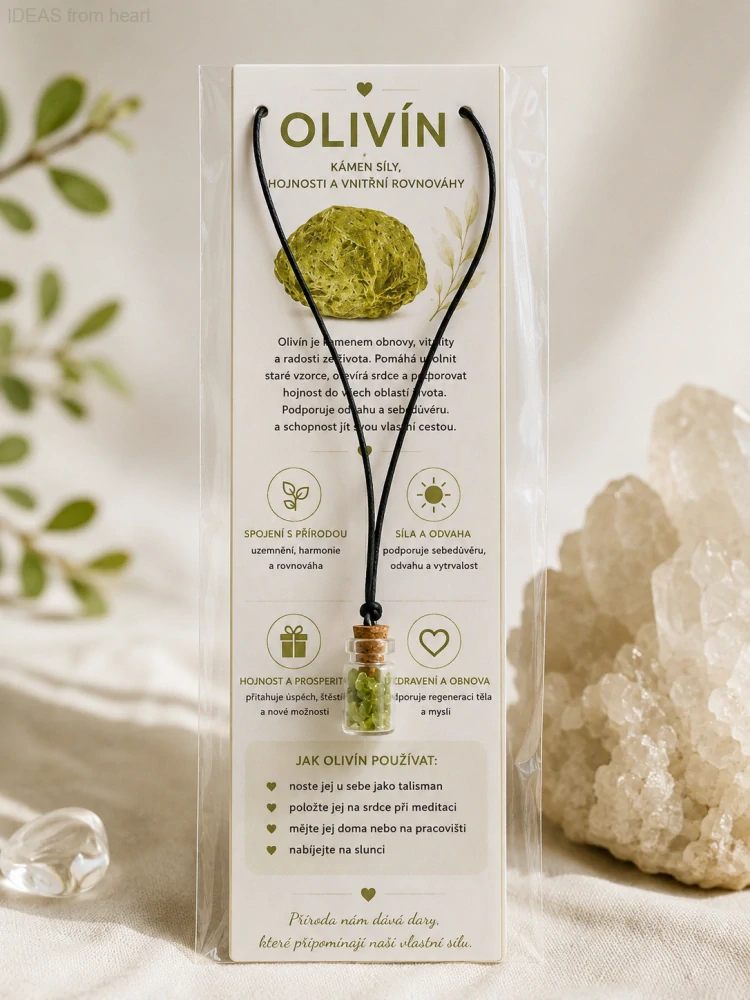 Náhrdelník s olivínem v lahvičce – přírodní minerál na bavlněné šňůrce | Talisman síly a prosperity