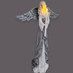 Andělka Lumina 77 cm  s LED svíčkou se stříbrnou patinou - Powertex