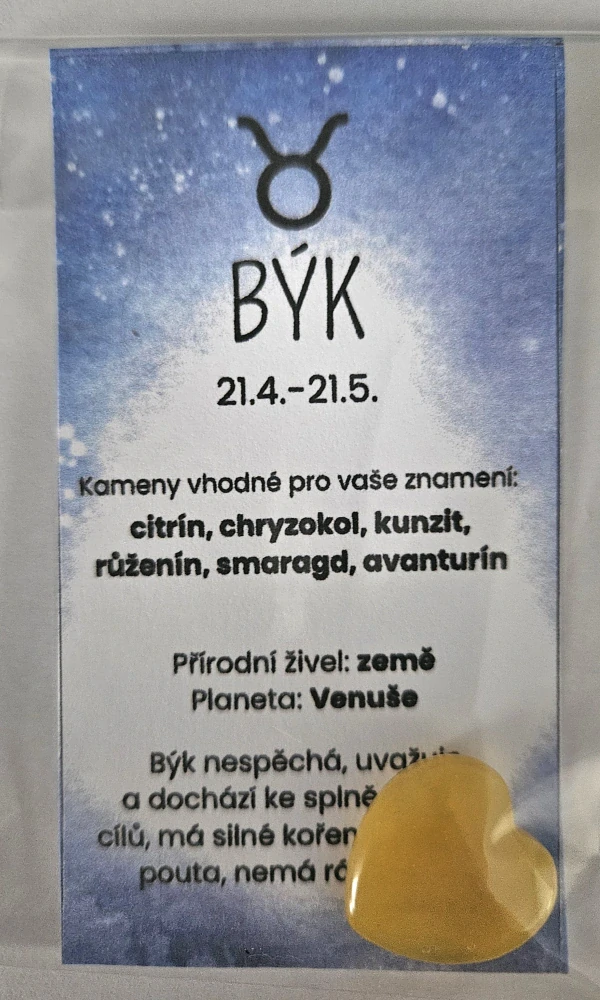 Minerál ve tvaru srdce podle znamení zvěrokruhu - Býk - Citrín 