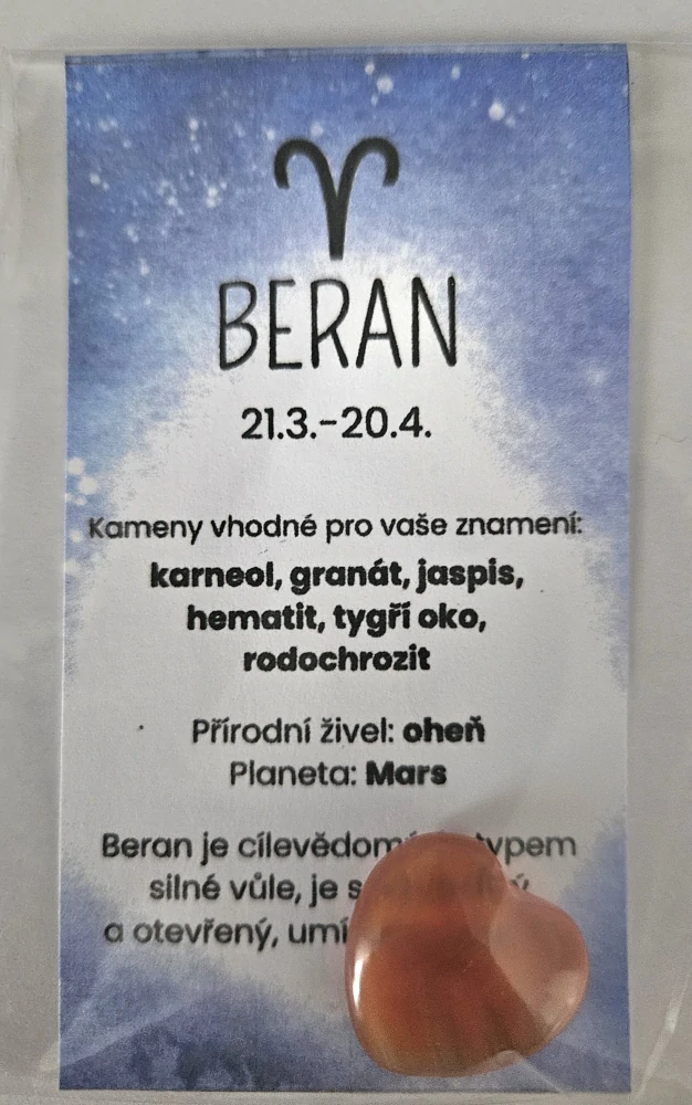 Minerál ve tvaru srdce podle znamení zvěrokruhu - Beran - Karneol 