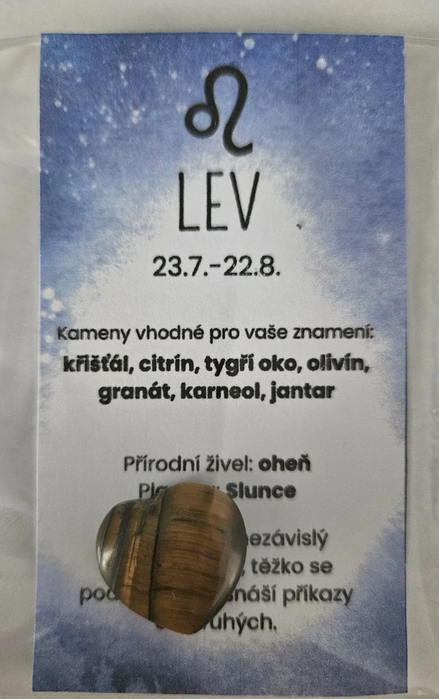 Minerál ve tvaru srdce podle znamení zvěrokruhu - Lev - Tygří oko 