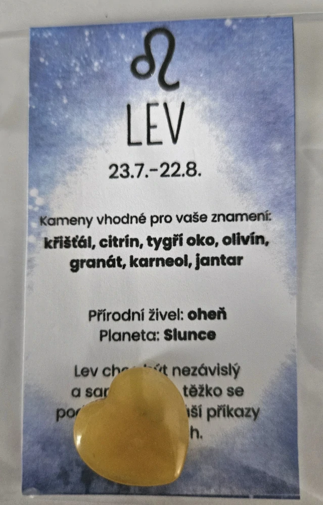 Minerál ve tvaru srdce podle znamení zvěrokruhu - Lev - Citrín 