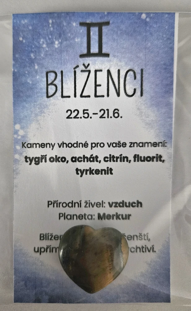 Minerál ve tvaru srdce podle znamení zvěrokruhu - Blíženci - Tygří oko 