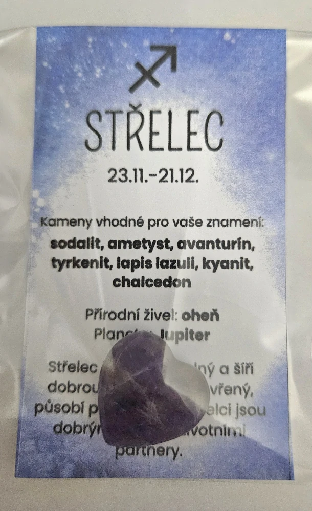 Minerál ve tvaru srdce podle znamení zvěrokruhu -  Střelec - Ametyst 