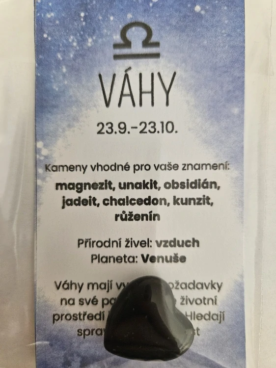 Minerál ve tvaru srdce podle znamení zvěrokruhu - Váhy - Obsidián černý