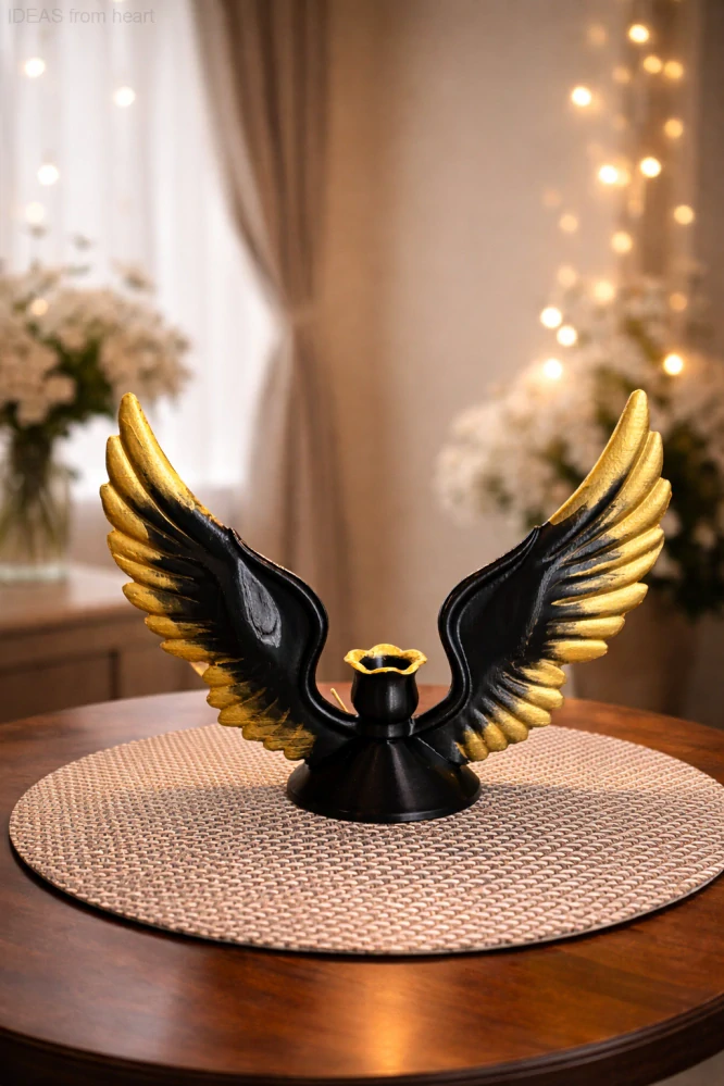 Designový svícen Andělská křídla – černá se zlatou patinou se zlatou svíčkou