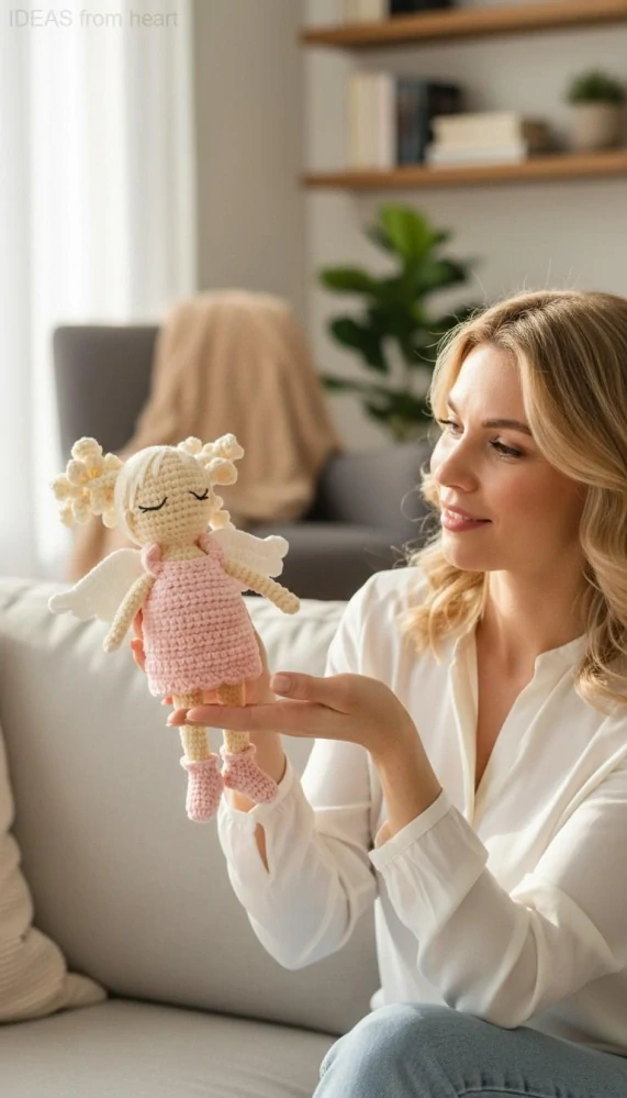 Háčkovaná andělka v růžových šatech – ručně vyráběná dekorace cca 19 cm