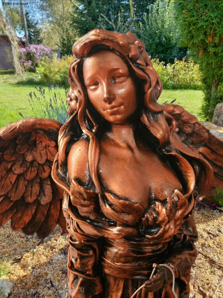 Andělka  77 cm v měděné barvě se solární lucernou - zahradní socha - Powertex