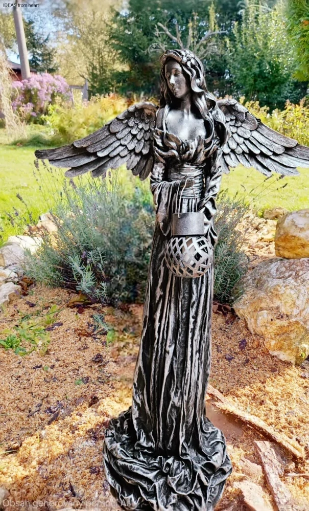 Andělka 77 cm ve stříbrné barvě se solární lucernou - zahradní socha - Powertex