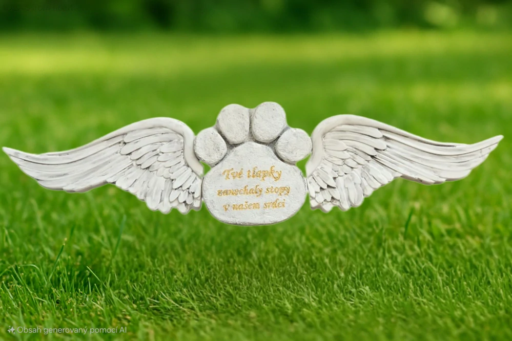 Vzpomínkový kámen pro mazlíčka s andělskými křídly – „Tvé tlapky zanechaly stopy v našem srdci“ - zlatý nápis