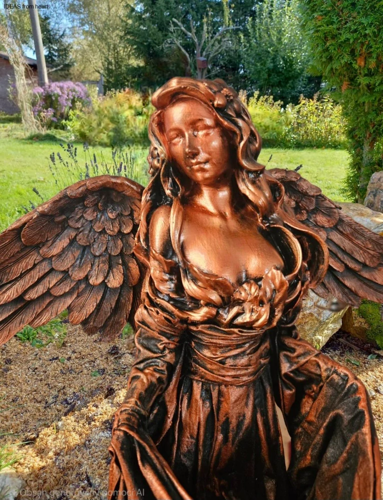 Andělka 77 cm v měděné barvě se sukní  na květinu  -  zahradní socha - Powertex
