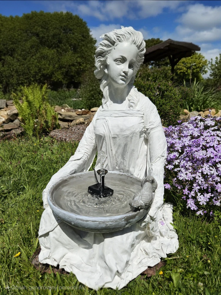 Zahradní socha s pítkem pro ptáky – romantická dáma cca 60 cm  - Powertex