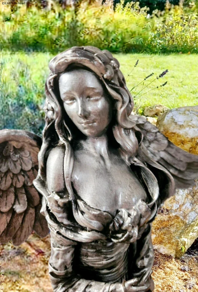 Andělka 77 cm ve stříbrné barvě se solární lucernou - zahradní socha - Powertex