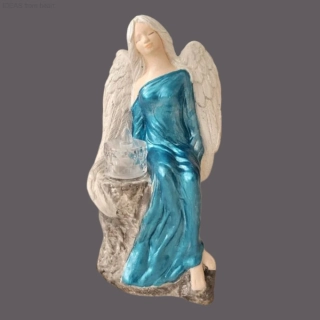 Andělka sedící na kameni s LED čajovou svíčkou tyrkysová 24 cm - sádra