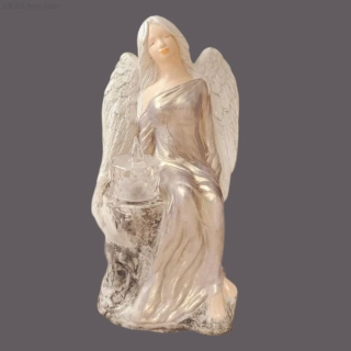 Andělka sedící na kameni v chameleonové barvě s LED čajovou svíčkou  24 cm - sádra