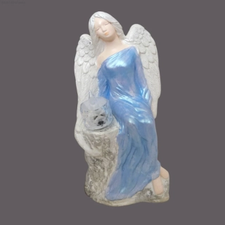 Andělka sedící na kameni v modré barvě s LED čajovou svíčkou 24 cm - sádra