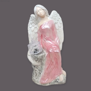 Andělka sedící na kameni s LED čajovou svíčkou v růžové barvě  24 cm - sádra