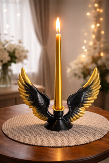 Designový svícen Andělská křídla – černá se zlatou patinou se zlatou svíčkou